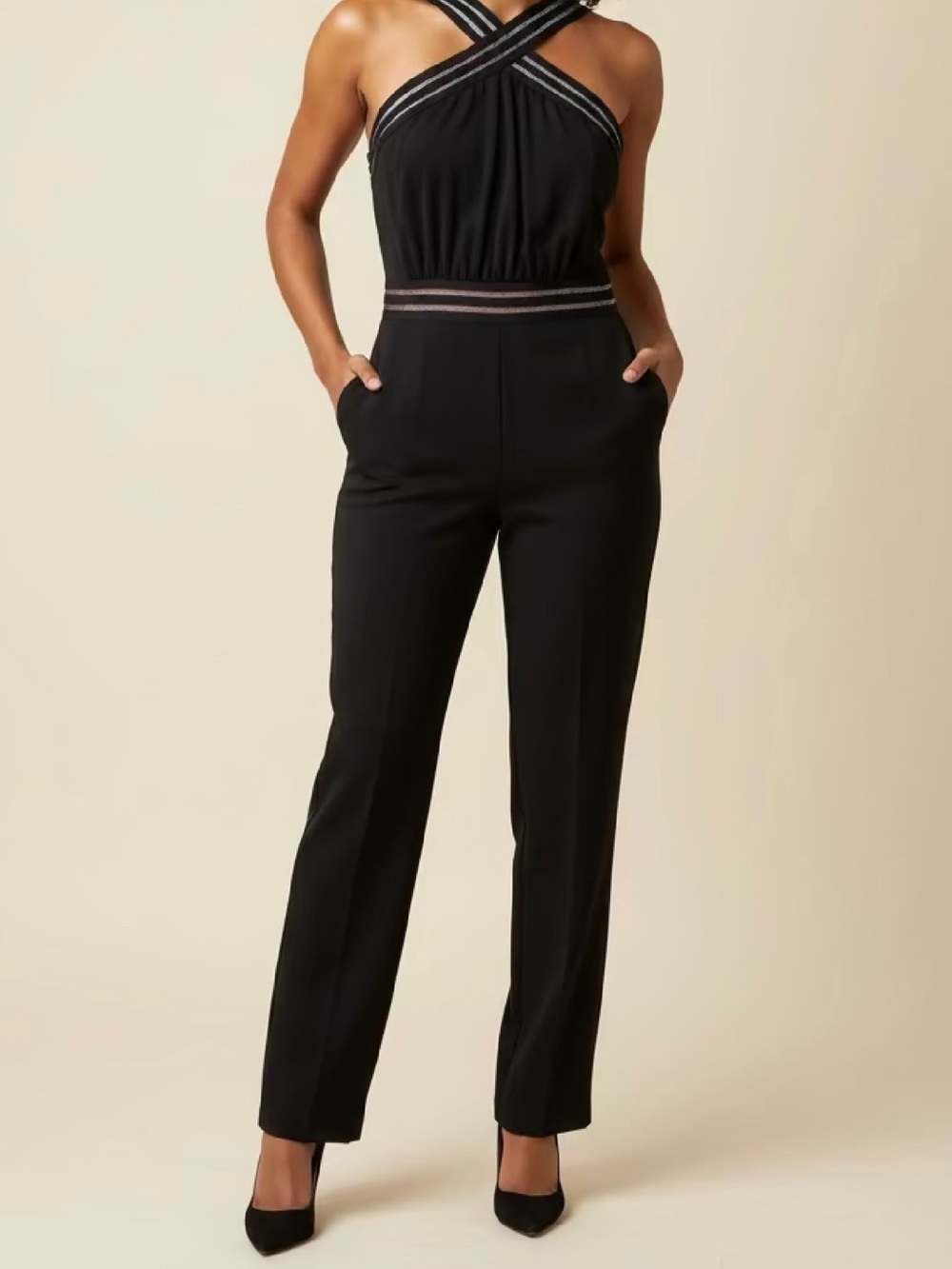 Black Cross-Neck Jumpsuit with Trim Waist size 1X